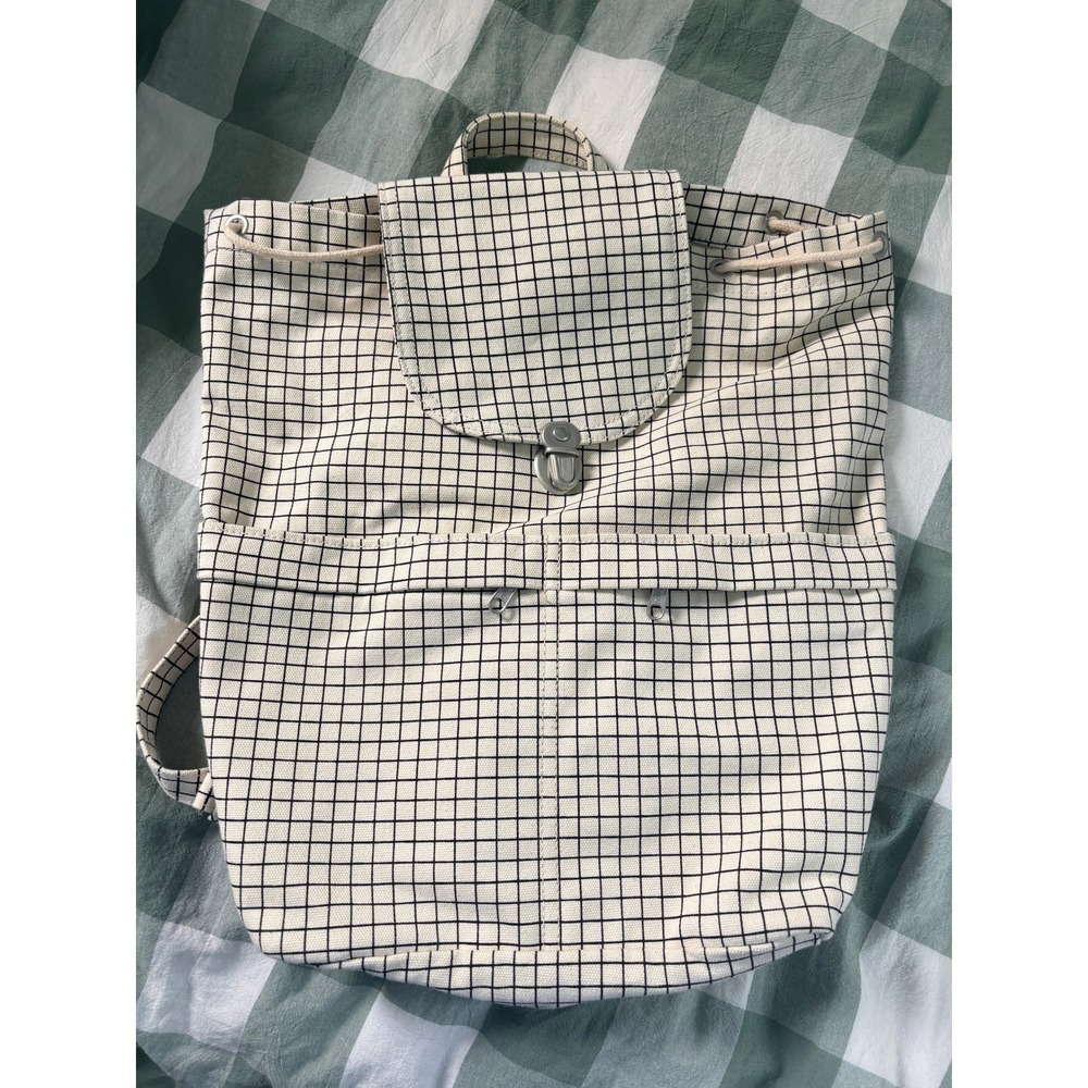 BAGGU Drawstring Canvas Backpack Natural Grid Rucksack Travel - Picture 2 of 11